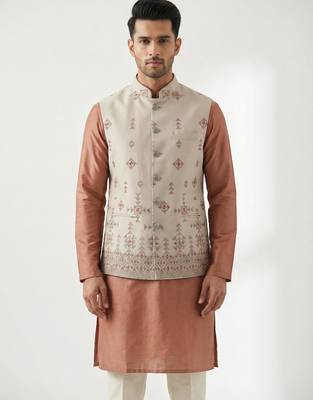 Light grey intricate embroidered silk blend nehru style men's waistcoat 1