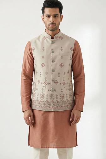 Light grey intricate embroidered silk blend nehru style men's waistcoat