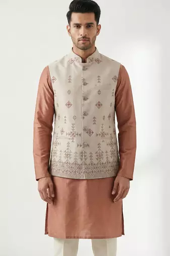 Light grey intricate embroidered silk blend nehru style men's waistcoat