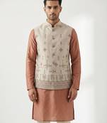 Light grey intricate embroidered silk blend nehru style men's waistcoat