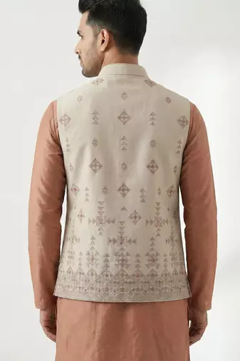 Light grey intricate embroidered silk blend nehru style men's waistcoat