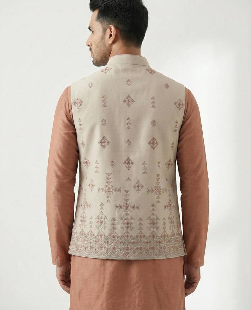 Light grey intricate embroidered silk blend nehru style men's waistcoat