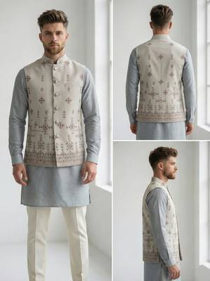 Light grey intricate embroidered silk blend nehru style men's waistcoat 3