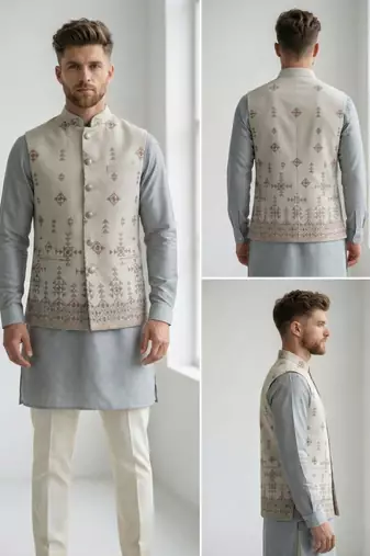 Light grey intricate embroidered silk blend nehru style men's waistcoat