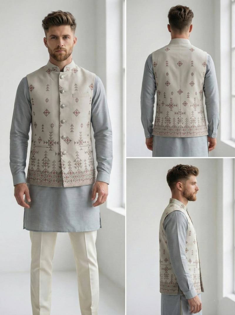 Light grey intricate embroidered silk blend nehru style men's waistcoat
