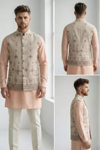 Light grey intricate embroidered silk blend nehru style men's waistcoat