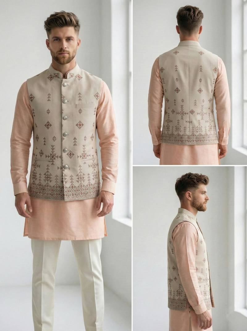 Light grey intricate embroidered silk blend nehru style men's waistcoat