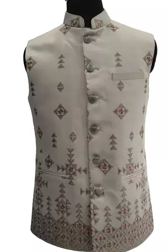 Light grey intricate embroidered silk blend nehru style men's waistcoat