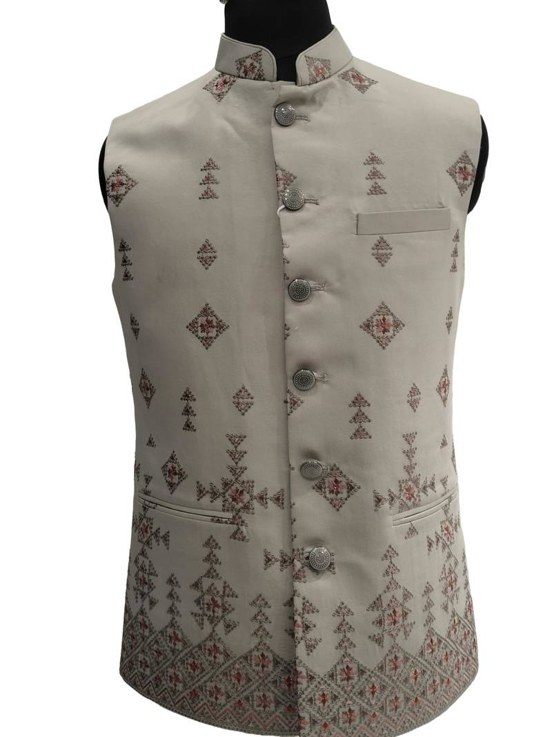 Light grey intricate embroidered silk blend nehru style men's waistcoat