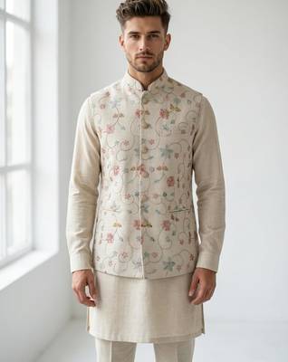 Beige floral embroidered linen nehru style men's ethnic waistcoat 1