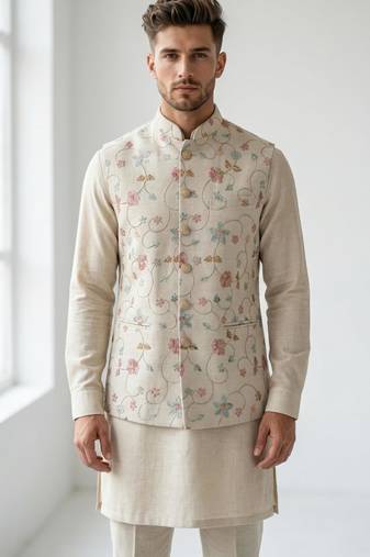 Beige floral embroidered linen nehru style men's ethnic waistcoat