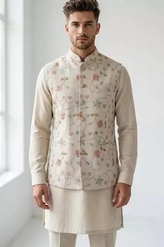 Beige floral embroidered linen nehru style men's ethnic waistcoat
