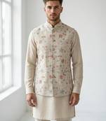 Beige floral embroidered linen nehru style men's ethnic waistcoat