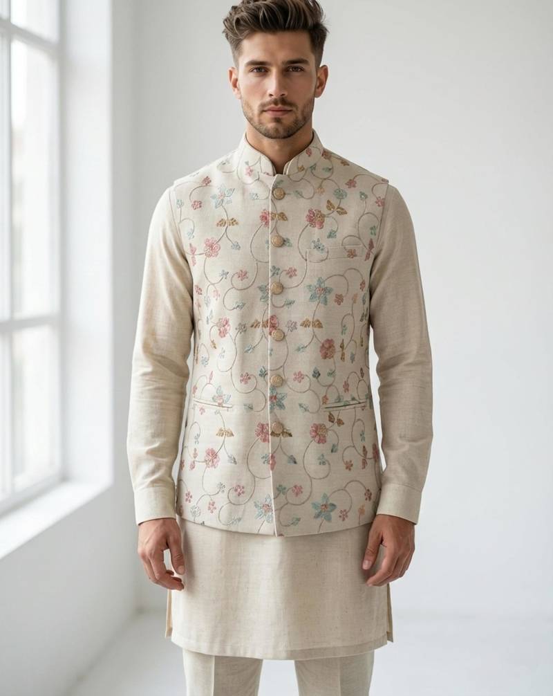 Beige floral embroidered linen nehru style men's ethnic waistcoat
