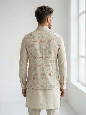 Beige floral embroidered linen nehru style men's ethnic waistcoat 2