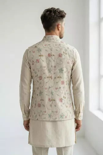 Beige floral embroidered linen nehru style men's ethnic waistcoat