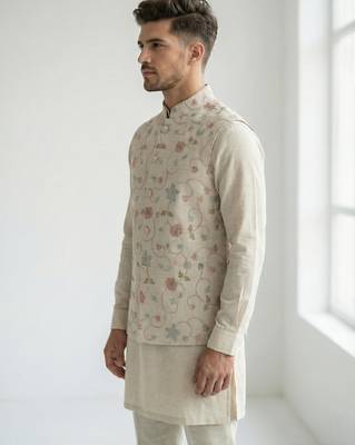 Beige floral embroidered linen nehru style men's ethnic waistcoat 3