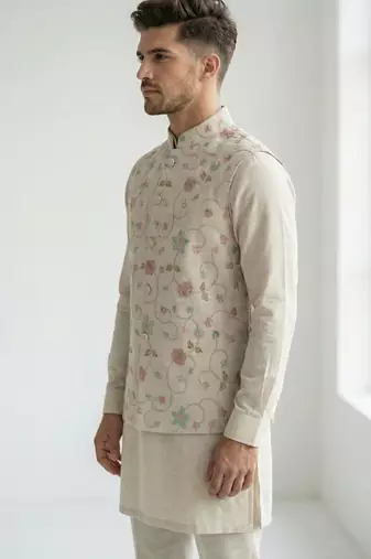 Beige floral embroidered linen nehru style men's ethnic waistcoat
