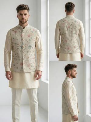 Beige floral embroidered linen nehru style men's ethnic waistcoat 4