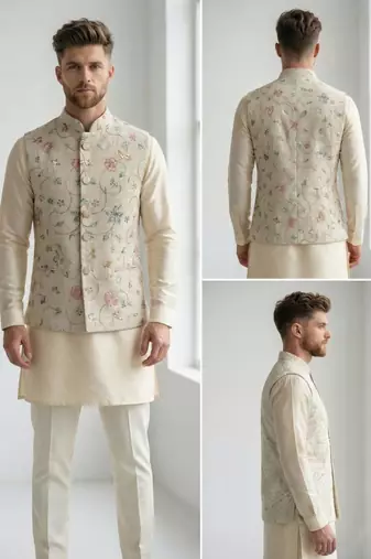 Beige floral embroidered linen nehru style men's ethnic waistcoat
