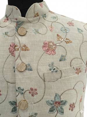 Beige floral embroidered linen nehru style men's ethnic waistcoat 5
