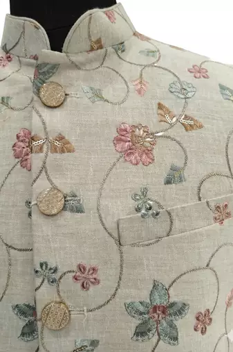 Beige floral embroidered linen nehru style men's ethnic waistcoat