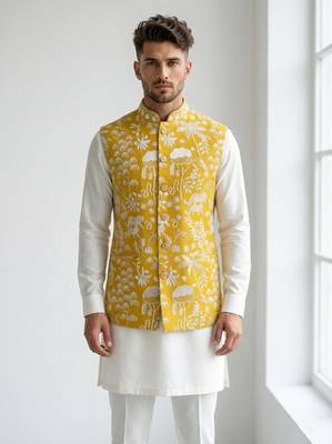 Mustard yellow intricate floral and animal motif thread embroidery art silk mandarin collar men's ethnic waistcoat 1