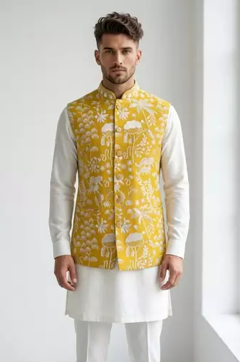 Mustard yellow intricate floral and animal motif thread embroidery art silk mandarin collar men's ethnic waistcoat