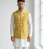 Mustard yellow intricate floral and animal motif thread embroidery art silk mandarin collar men's ethnic waistcoat