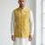 Mustard yellow intricate floral and animal motif thread embroidery art silk mandarin collar men's ethnic waistcoat