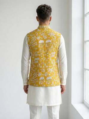 Mustard yellow intricate floral and animal motif thread embroidery art silk mandarin collar men's ethnic waistcoat 2