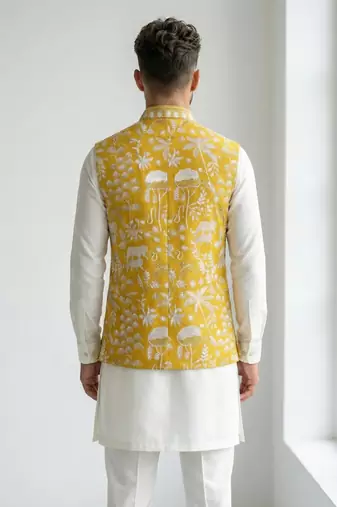 Mustard yellow intricate floral and animal motif thread embroidery art silk mandarin collar men's ethnic waistcoat