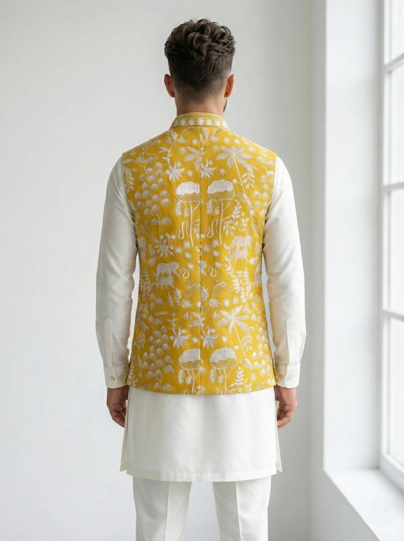 Mustard yellow intricate floral and animal motif thread embroidery art silk mandarin collar men's ethnic waistcoat