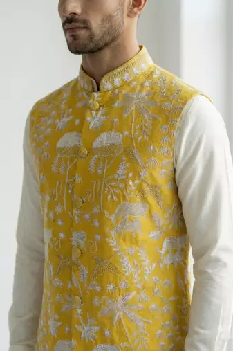Mustard yellow intricate floral and animal motif thread embroidery art silk mandarin collar men's ethnic waistcoat