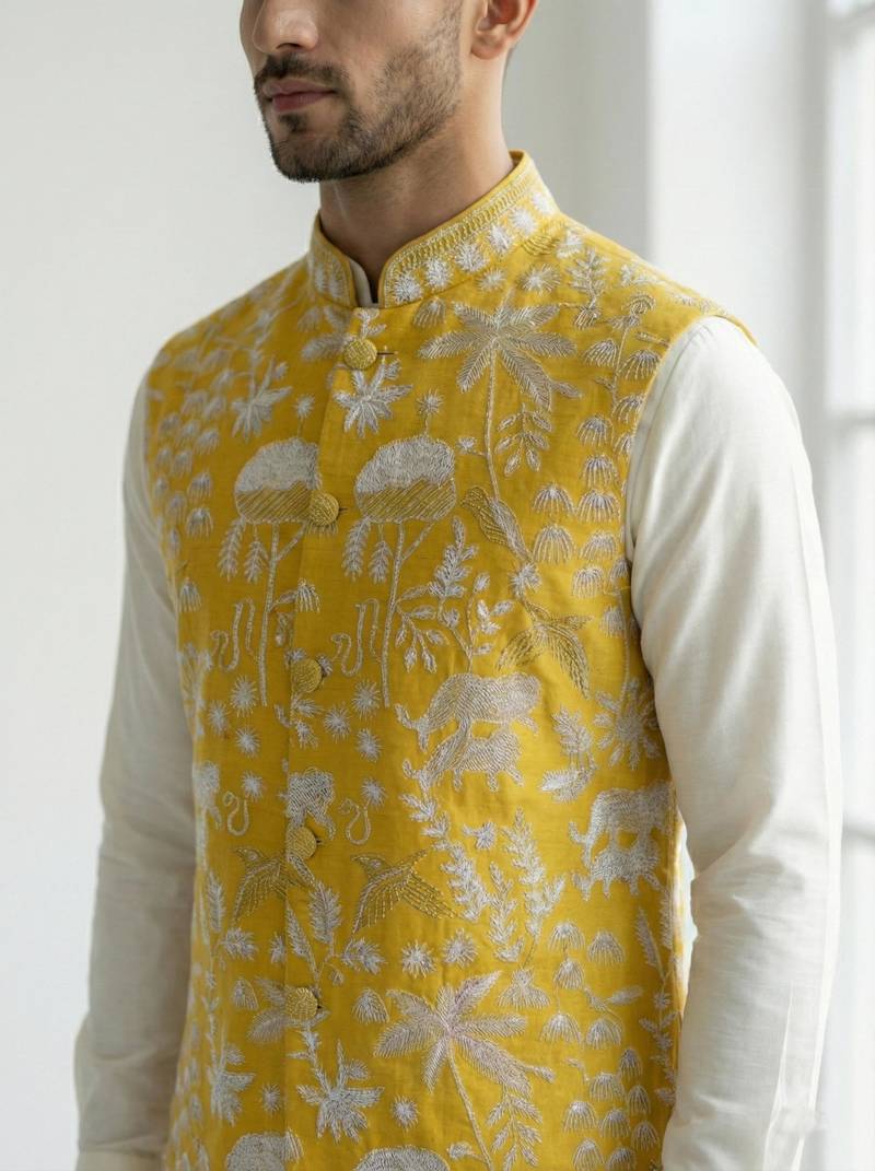 Mustard yellow intricate floral and animal motif thread embroidery art silk mandarin collar men's ethnic waistcoat