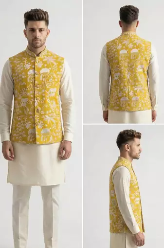 Mustard yellow intricate floral and animal motif thread embroidery art silk mandarin collar men's ethnic waistcoat
