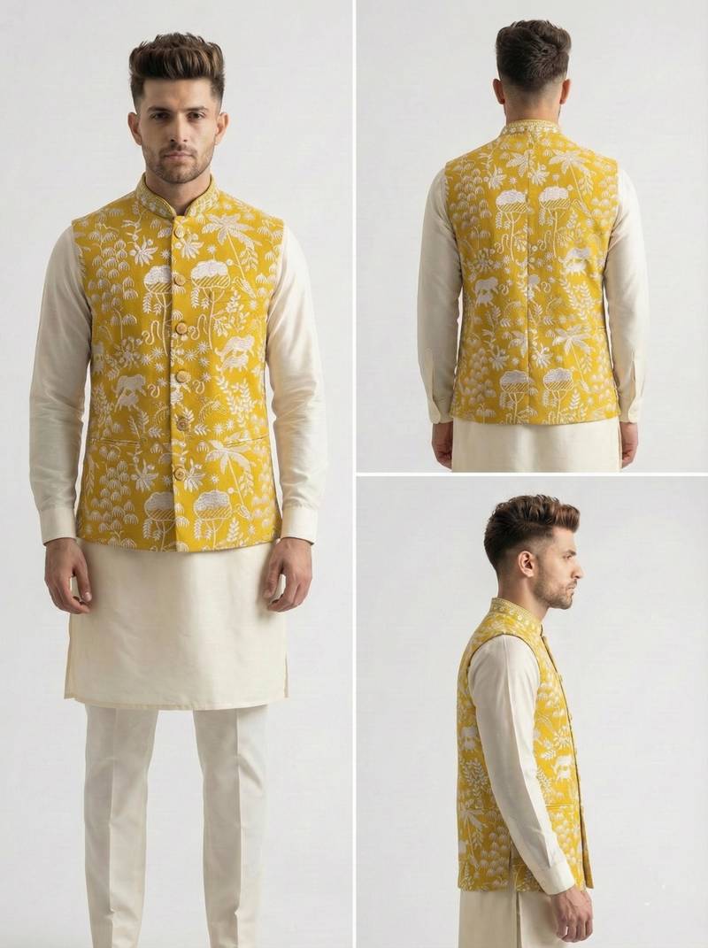 Mustard yellow intricate floral and animal motif thread embroidery art silk mandarin collar men's ethnic waistcoat