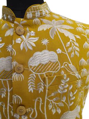 Mustard yellow intricate floral and animal motif thread embroidery art silk mandarin collar men's ethnic waistcoat 5
