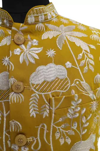 Mustard yellow intricate floral and animal motif thread embroidery art silk mandarin collar men's ethnic waistcoat