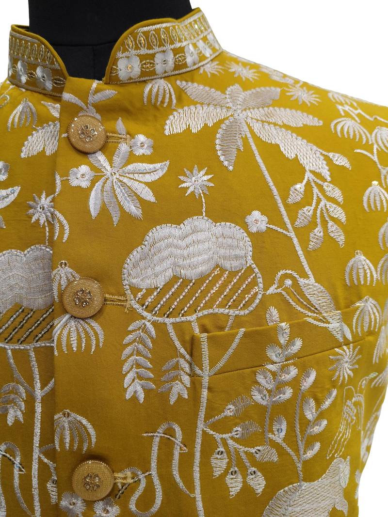 Mustard yellow intricate floral and animal motif thread embroidery art silk mandarin collar men's ethnic waistcoat