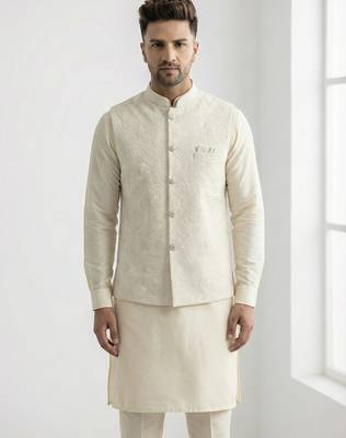 White resham embroidered silk blend mandarin collar nehru jacket men's waistcoat 1