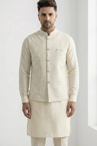 White resham embroidered silk blend mandarin collar nehru jacket men's waistcoat