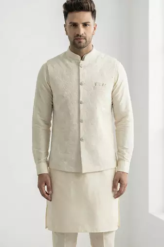 White resham embroidered silk blend mandarin collar nehru jacket men's waistcoat