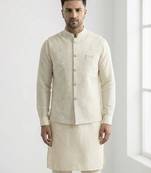 White resham embroidered silk blend mandarin collar nehru jacket men's waistcoat