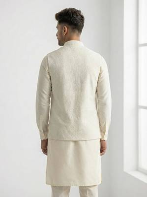 White resham embroidered silk blend mandarin collar nehru jacket men's waistcoat 2