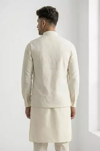 White resham embroidered silk blend mandarin collar nehru jacket men's waistcoat