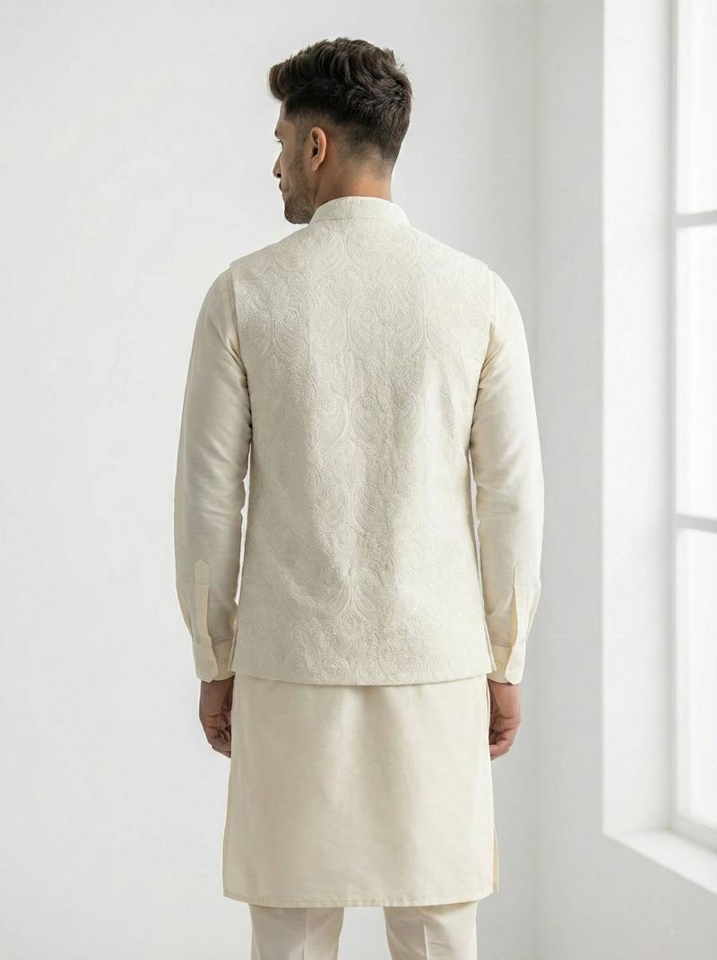 White resham embroidered silk blend mandarin collar nehru jacket men's waistcoat