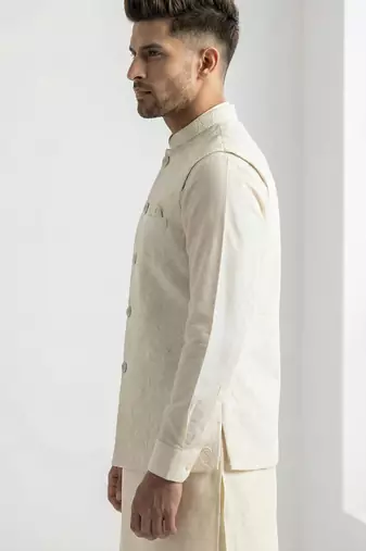 White resham embroidered silk blend mandarin collar nehru jacket men's waistcoat