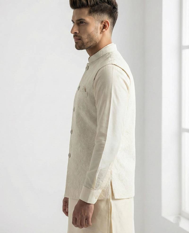 White resham embroidered silk blend mandarin collar nehru jacket men's waistcoat