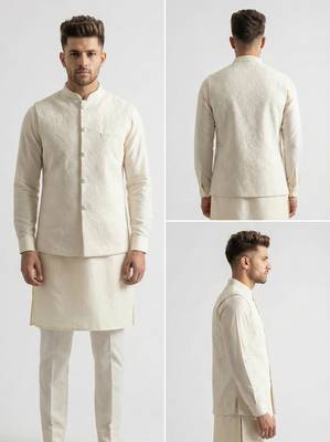 White resham embroidered silk blend mandarin collar nehru jacket men's waistcoat 4